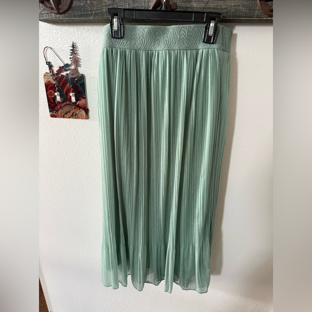 Andi + James Sage Green elegant Pleated Skirt with beautiful overlay size Med